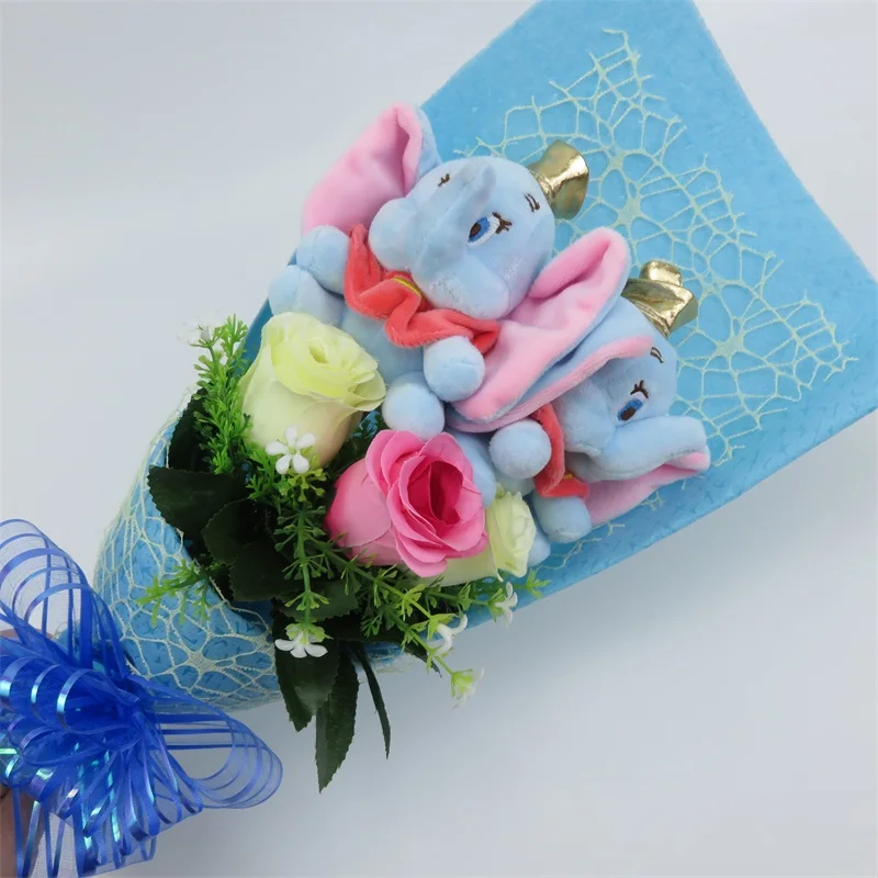 

Artificial silk rose flowers with dumbo plush toys cartoon bouquet wedding home decoration Valentine's day Christmas gifts