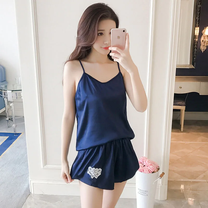 

Korea Style Sexy Summer Female Silky Satin Sleepwear Set With Shorts Pajamas for Women Sexy Nightwear Home Clothes Plus Size #40