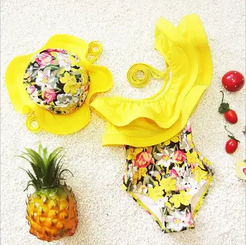 

Vintage baby girl ruffles straps one piece swimsuit children girl triangle flower pattern swimwear +cap set 3pcs/lot
