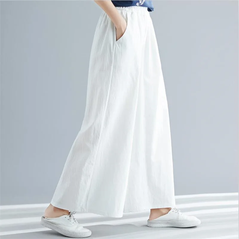 Широкие брюки женские длинные брюки повседневные весенние летние свободные хлопковые льняные брюки размера плюс M-7XL Красный Черный Хаки - Цвет: Белый