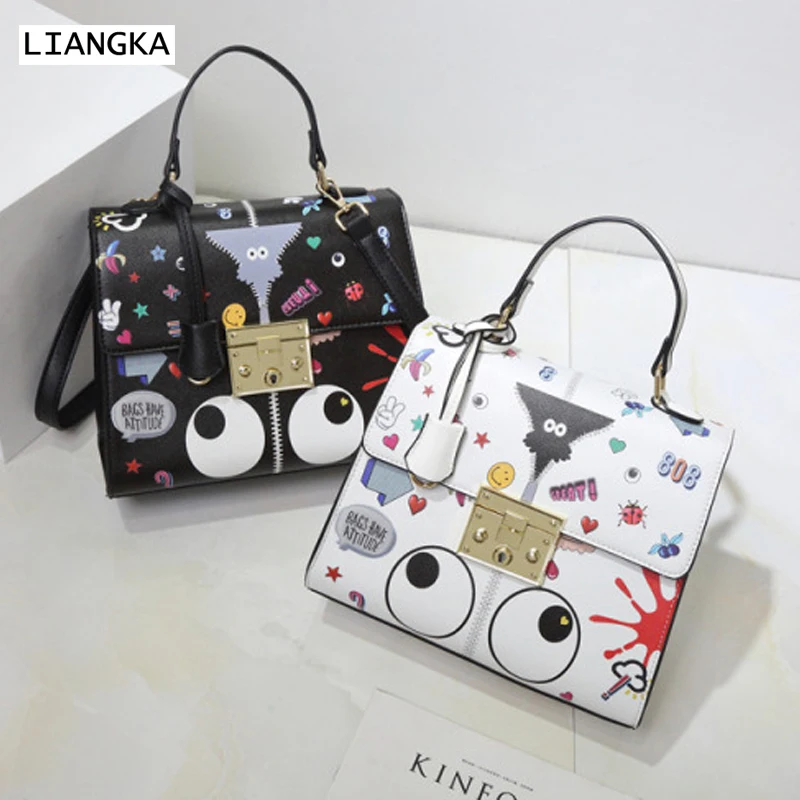 

LIANGKA Luxury Leather Graffiti Handbags Women Bags Designer 2019 Magnetic Buckle Messenger Bags Owl Printed Tote Clutch