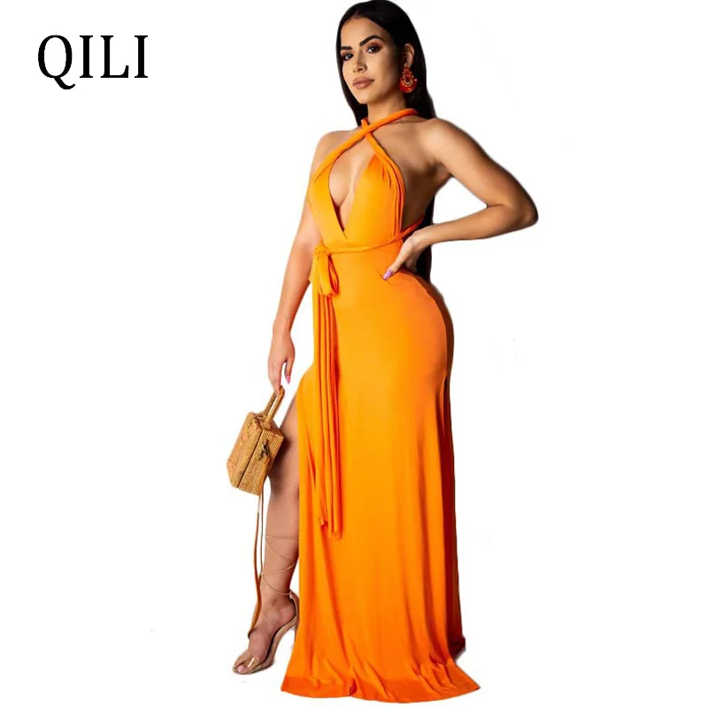 

QILI Sexy V Neck Backless Sleeveless Bandage Women Dress High Split Long Maxi White Dresses Summer Beach Dress Long