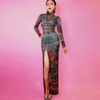 

Bright Crystals Rose Flower Jumpsuit Women Sexy Outfit Party Costumes Stage Wear BodySuit Dance Singer Rhinestone Dress DL2262