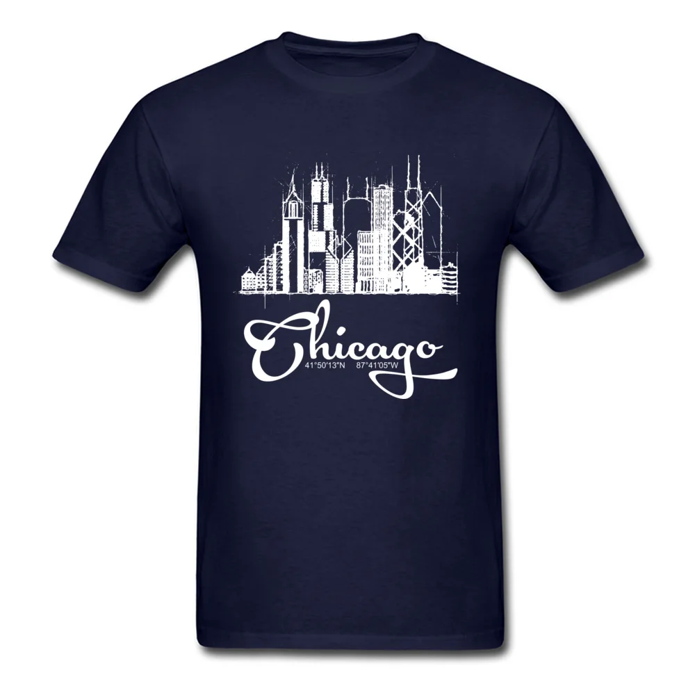 Design Pure Cotton Male Short Sleeve Tops Shirt Summer Summer/Autumn Top T-shirts Printed On Tee-Shirt Family Crewneck Chicago skyline sketch and GPS coordinates tee navy