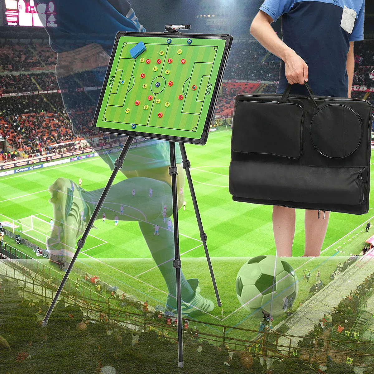 

Professional Football Tactical Coaching Board Training Guidance Magnetic Buttons w/Tripod Stainless Steel+PVC Portable 60x45cm