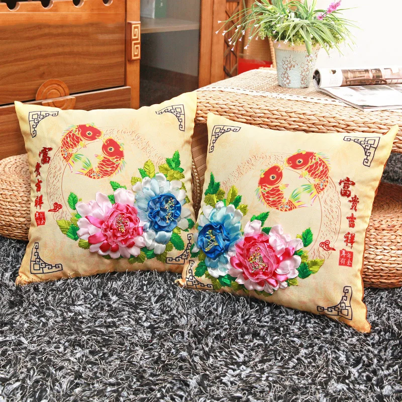 2PCS/SET Chinese Style Flower 3D Ribbon Embroidery Cushion for Beginner