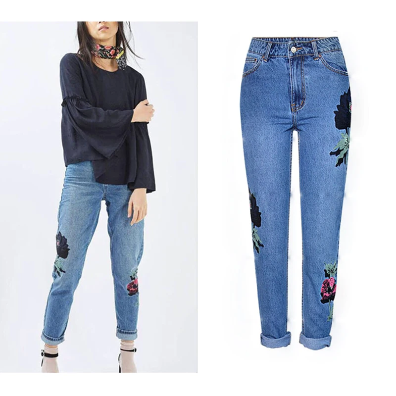 

Embroidered Jeans Women Denim Pants High Waist Bleached Loose Jeans Women Casual Washed Vintage Pure Cotton Denim Pant Trousers