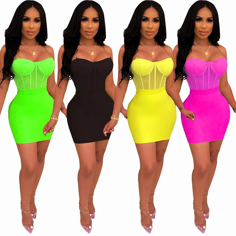 

2019 new women summer mesh see good splicing chain spagehtti strap bodycon midi skirt two piece set dress H3240