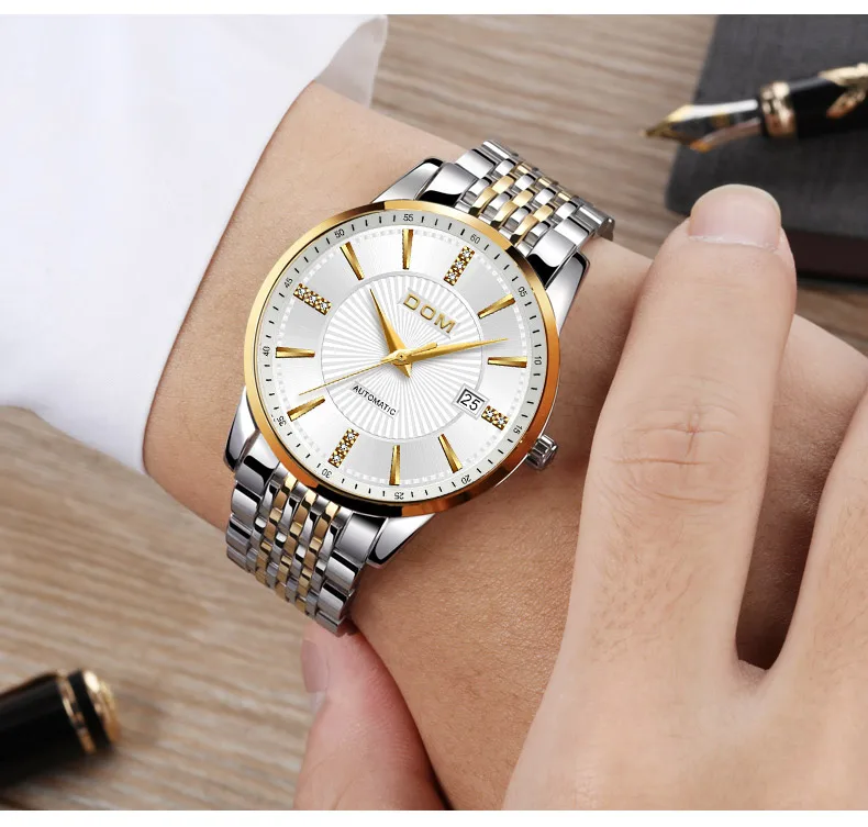Автоматические Мужские часы Механические золотистые кожаные роскошные классические DOM Для мужчин часы Водонепроницаемый японский