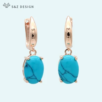

S&Z New Classic Oval Egg Shape Synthetic Turquoises Dangle Earrings Vintage 585 Rose Gold For Women Girl's Trendy Party Jewelry