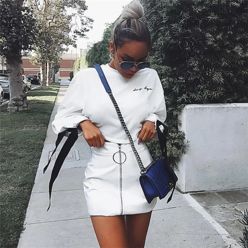  2018 New Autumn Winter Women White Hoodies Bow Tie Long Sleeve Short Cropped Top Tracksuit Sexy Chi