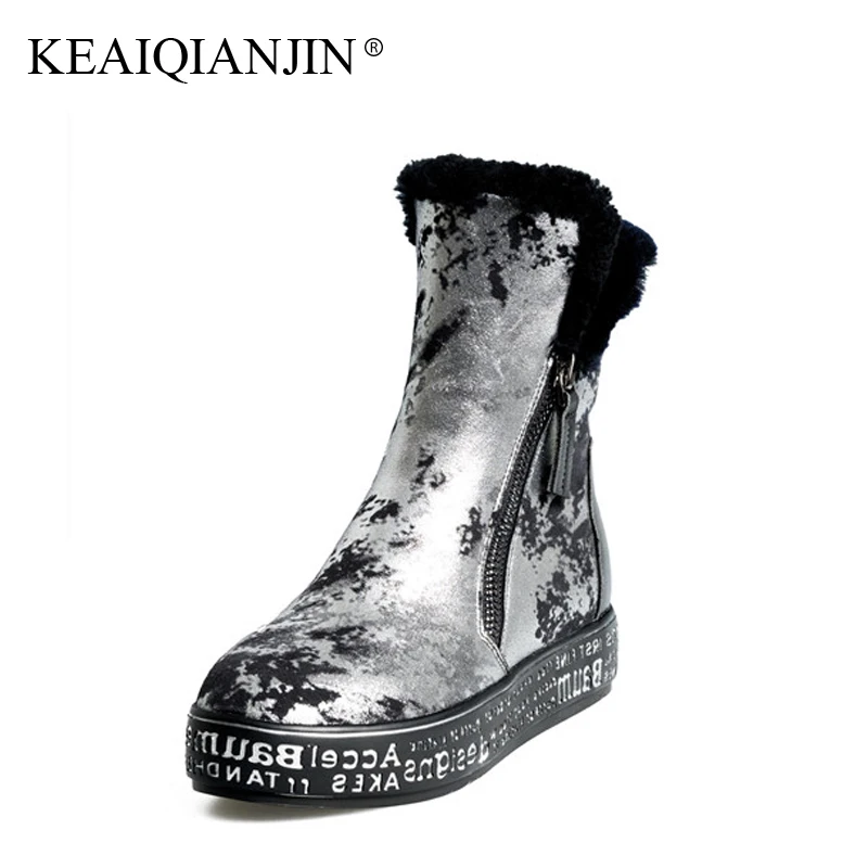 

KEAIQIANJIN Woman Shearling Snow Boots Wool Winter Genuine Leather Shoes Platform Golden Silver Ankle Boots Plus Size 34 - 40