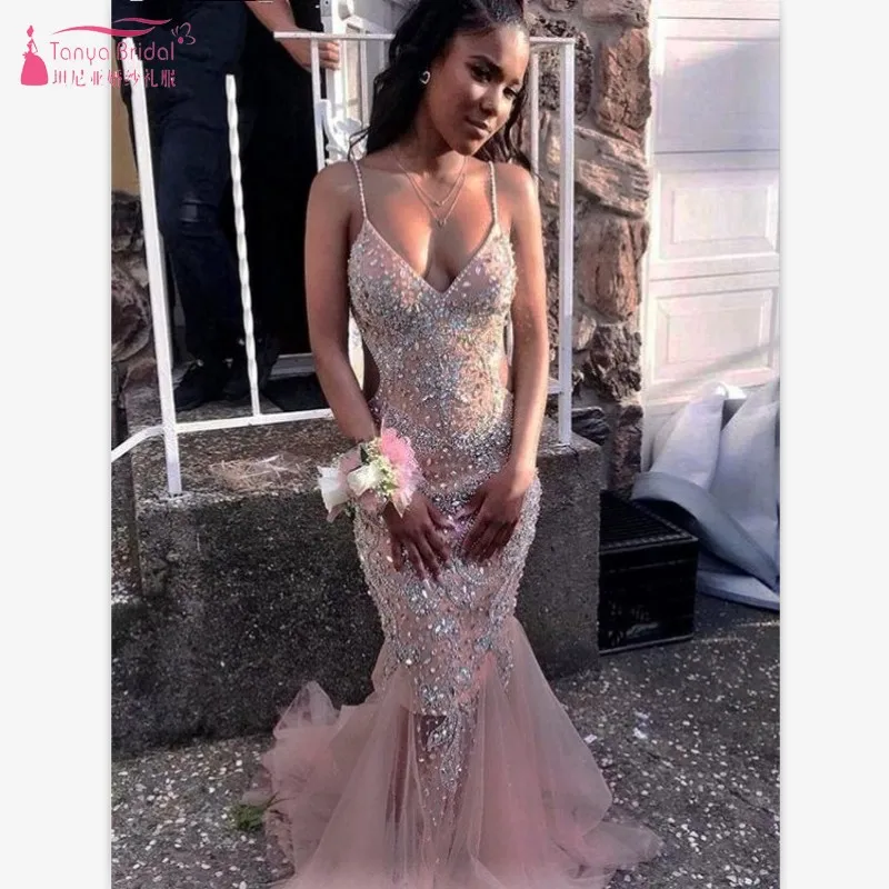 

TANYA Deep V-Neck Sleeveless Blush Pink Mermaid Evening Dresses Luxury Rhinestone Beaded Long Mermaid Tulle Prom Dress SS013