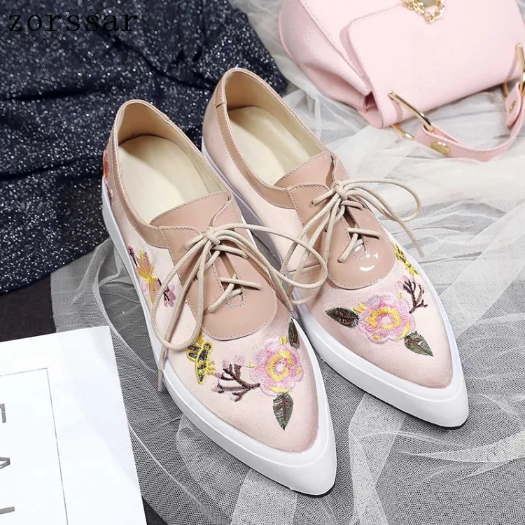 Creepers Casual Wohnungen Frauen Sohlen Schuhe Plattform Rosa Dicken Weibliche Up Herbst 2019 Lace apricot Silk Turnschuhe Spitz Pnxq6qCw