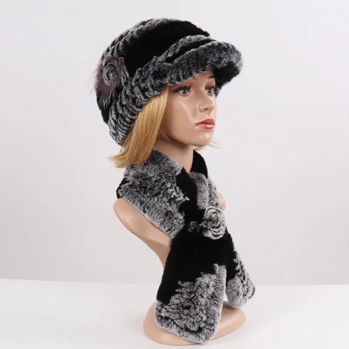 grey black Новинка, модная меховая шапка для девушек, женская зимняя шапка, натуральный настоящий мех кролика, шапка, шарф, люкс Качество, женская шапка из натурального меха, глушитель - Цвет: grey black