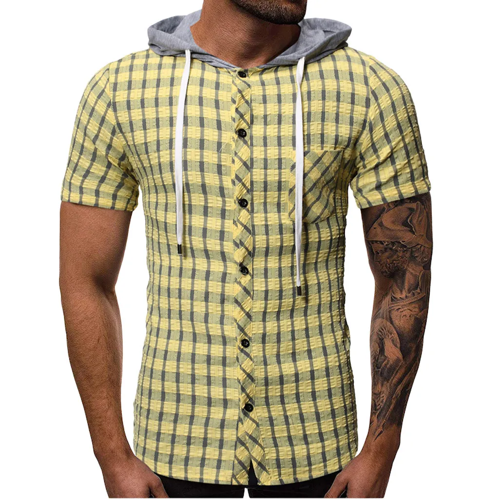 Short Sleeve Shirt Men Clothes Summer Mens Shirts Casual Slim Fit Plaid Camisa Masculina Chemise Homme whit Hooded Pocket 5.14