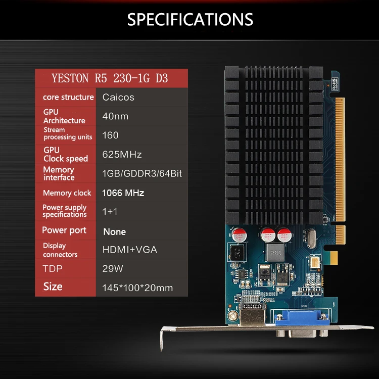 Yeston Radeon R5 230 GPU 1 ГБ GDDR3 64 бит игровой настольный компьютер ПК видеокарты Поддержка VGA/HDMI PCI-E X16 2,0