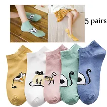 5 пар, сохраняющие тепло хлопковые носки для скейтборда, удобные короткие Носки с рисунком кота, для фитнеса, велоспорта, для бега и тенниса, летние мягкие носки