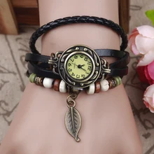Fashion Women’s Wood Bead Casual Vintage Multilayer Wristwatch Weave Wrap Rivet Leather Bracelet Wrist Watch ST33