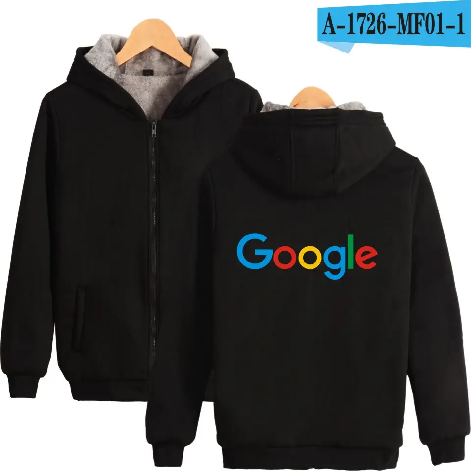 Толстовки с капюшоном Google на молнии; Повседневная зимняя плотная теплая одежда с принтом Google; хлопковая толстовка на молнии с логотипом Google - Цвет: Black