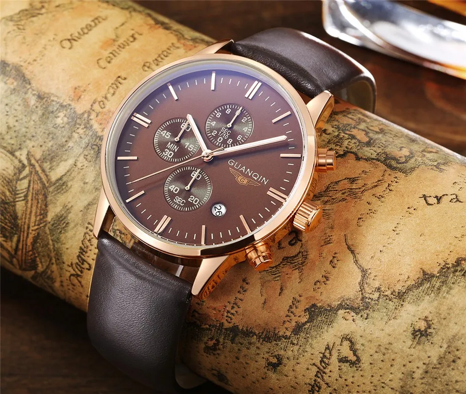 GUANQIN Quartz Watch Mens Watches Top Brand Luxury Chronograph Clock Men Sport Waterproof Leather Wristwatch relogio masculino