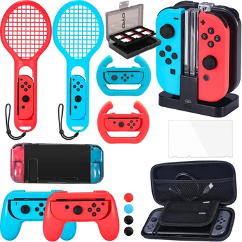 

Accessories Bundle Compatible with Nintend Switch, Steering Wheel, Joy-con Grip, 4-Channel Charging Dock, Carrying Case,Racket