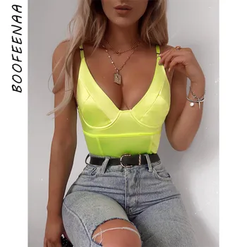 

BOOFEENAA Neon Yellow Sexy Bodysuit Women Satin Bustier Top Deep V Neck Backless Bodycon Jumpsuit Clubwear 2019 C66-AZ43
