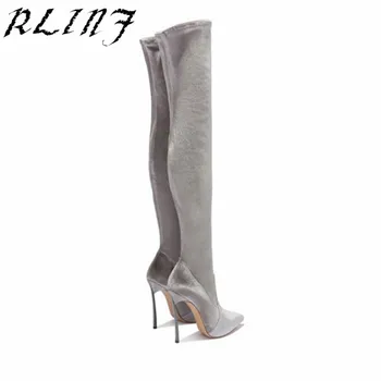 

RLINF 2018 Large Sizes 33-43 High Heels Boot Over The Knee Boots Fashion Slim Sexy Grey Over The Knee Boots Thigh High