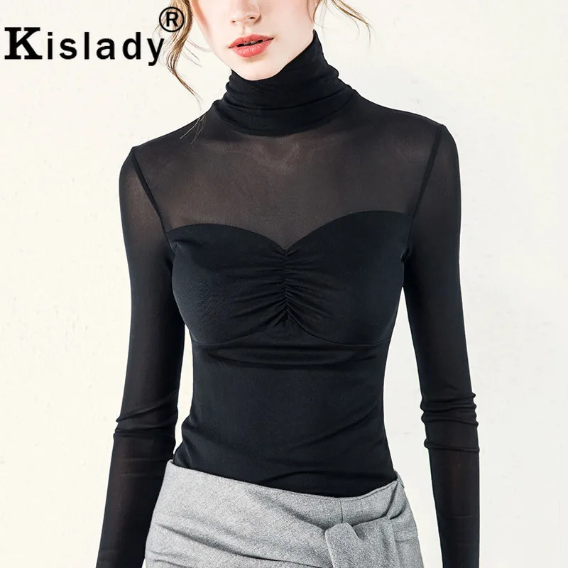 Женские Лоскутные сетчатые Топы Kislady эластичная водолазка прозрачные