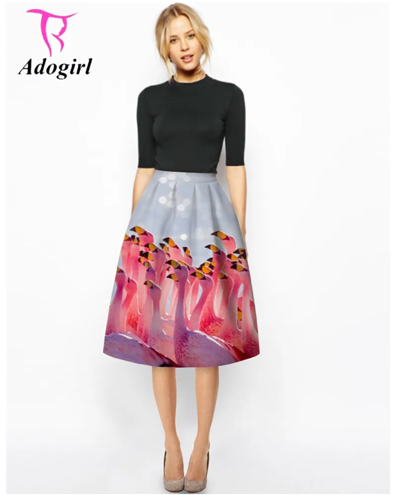 Adogirl 2017 Summer Fashion Flamingos Printed Women Pleated Skirts