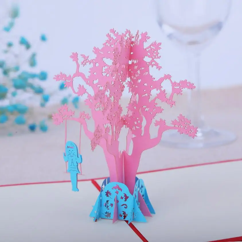  10pcs 3D Creative Girl Play Swing Skura Tree Handmade Kirigami Origami Wedding Party Invitation Car - 32817518053