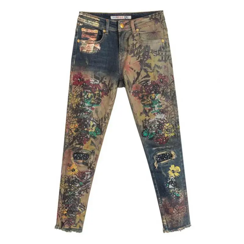

Summer Fall Designer Women Colored Embroidery High Waisted Ripped Rivets Denim Trousers , Painted Jeans Cross Pants For Woman
