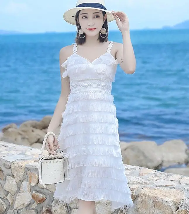 

Free Shipping 2018 Summer Hot Sale Cake Style Ruffles Layer Tassel Brace Long White Dress