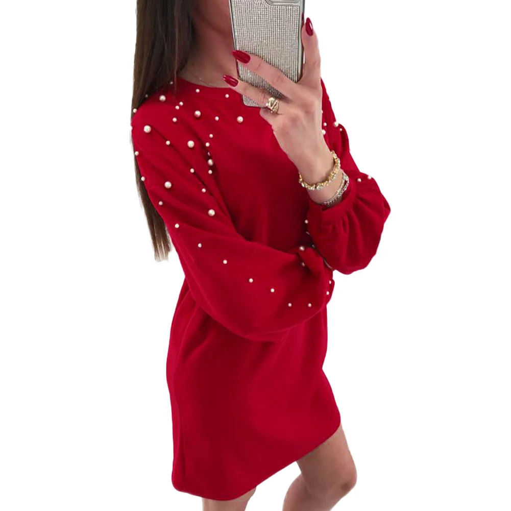 

Women Long Sleeve Dress Elegant Pearl Beaded Dropped Shoulder T-shirt Dress Lantern Cuff Loose Casual Tunic Shift Dress Vestidos
