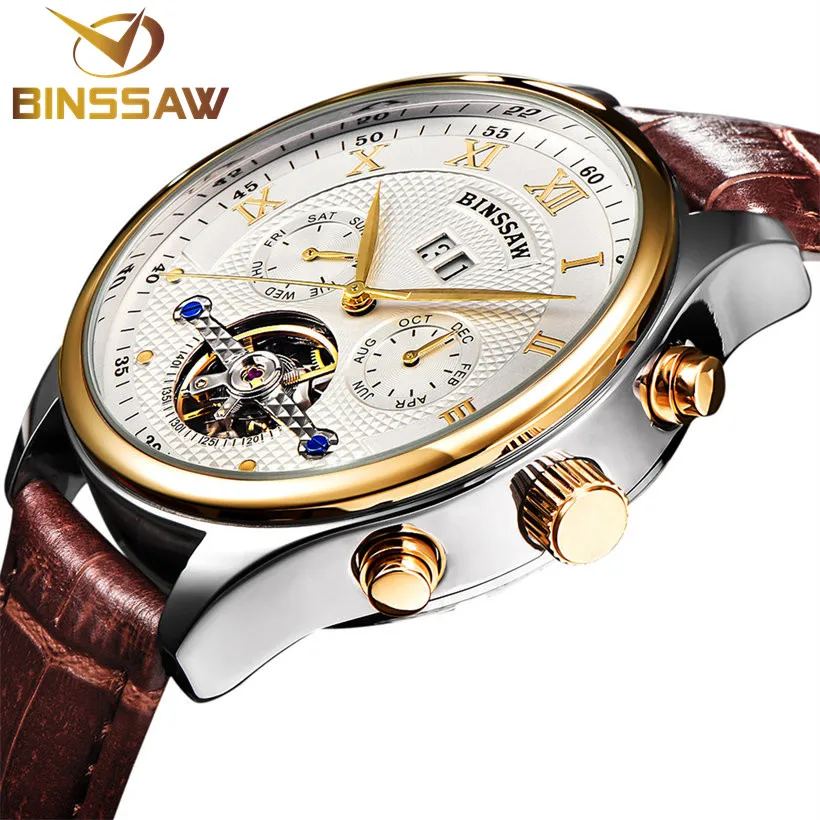 BINSSAW new font b men b font leather watch wrist original luxury top brand big automatic