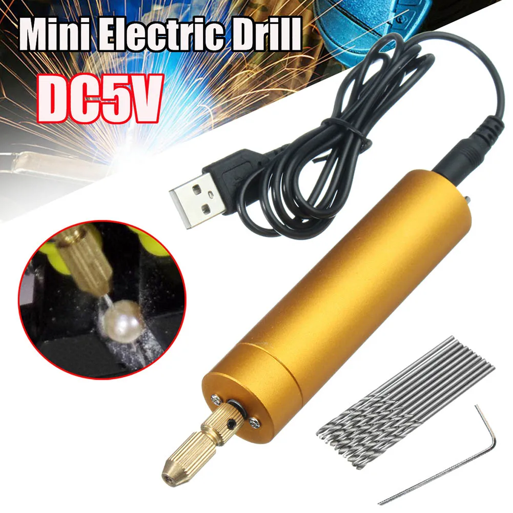 DC 5V Mini Aluminum Electric Motor Hand Drill 10 Twist Bits DIY for Wood PCB _WK