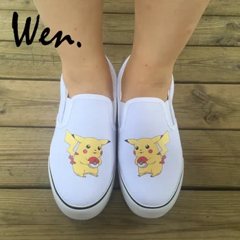

Wen Design Anime White Black Slip On Shoes for Men Women Pokemon Pikachu Canvas Sneakers Boys Girls Low Flat Plimsolls