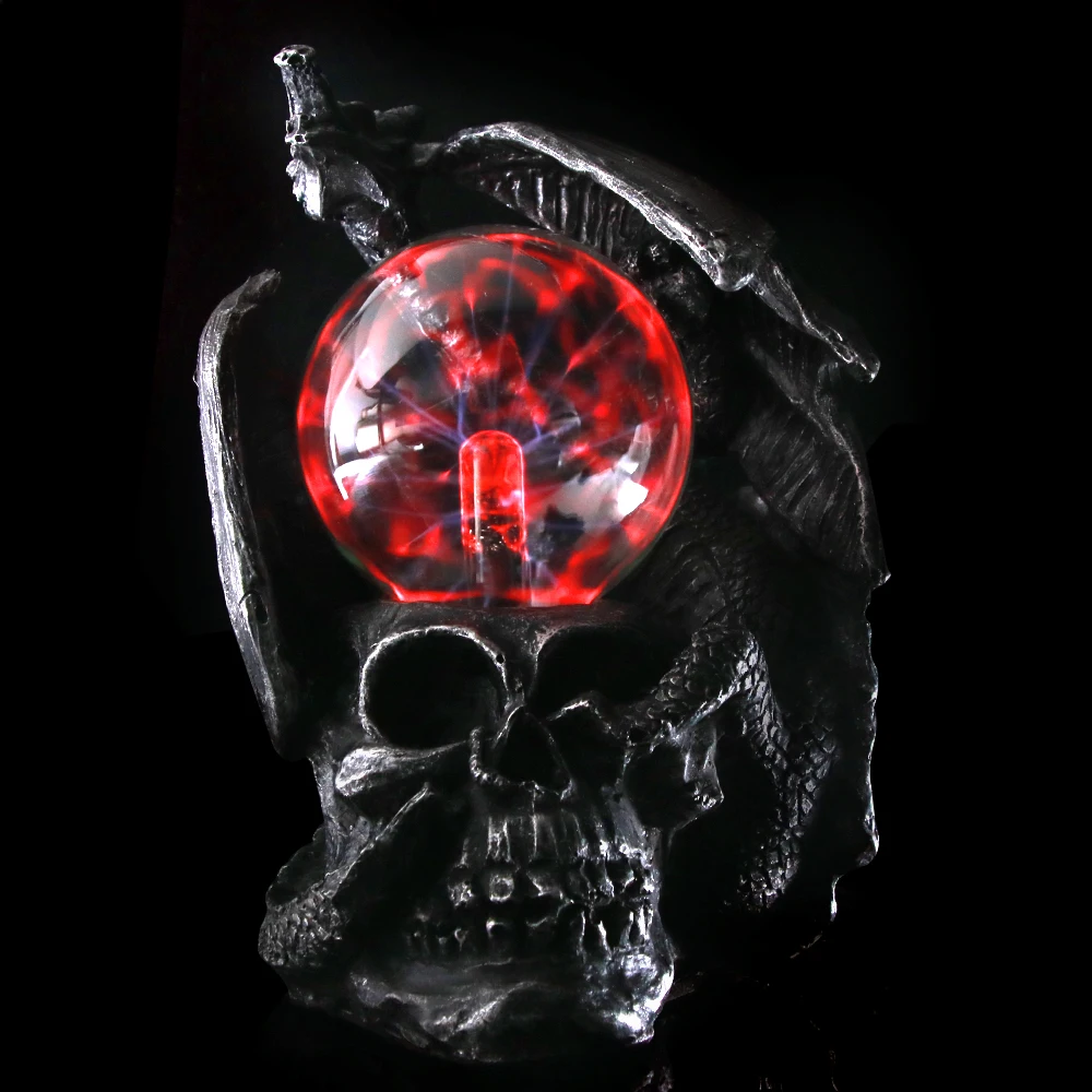 Готический Дракон на голове черепа статуя с электрическим стеклянным ужасом освещение плазменный шар Статуэтка-череп Новинка Настольная лампа