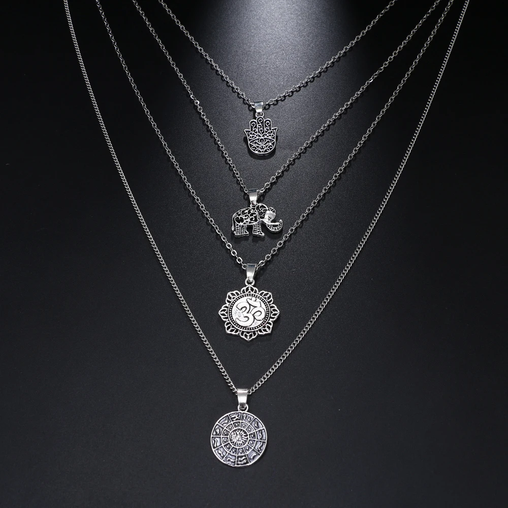

KISSWIFE Bohemian Palm Elephant Om Compass Chain Pendant Multilayer Necklace Lady Fashion Party Wedding Silver Necklace Clothing