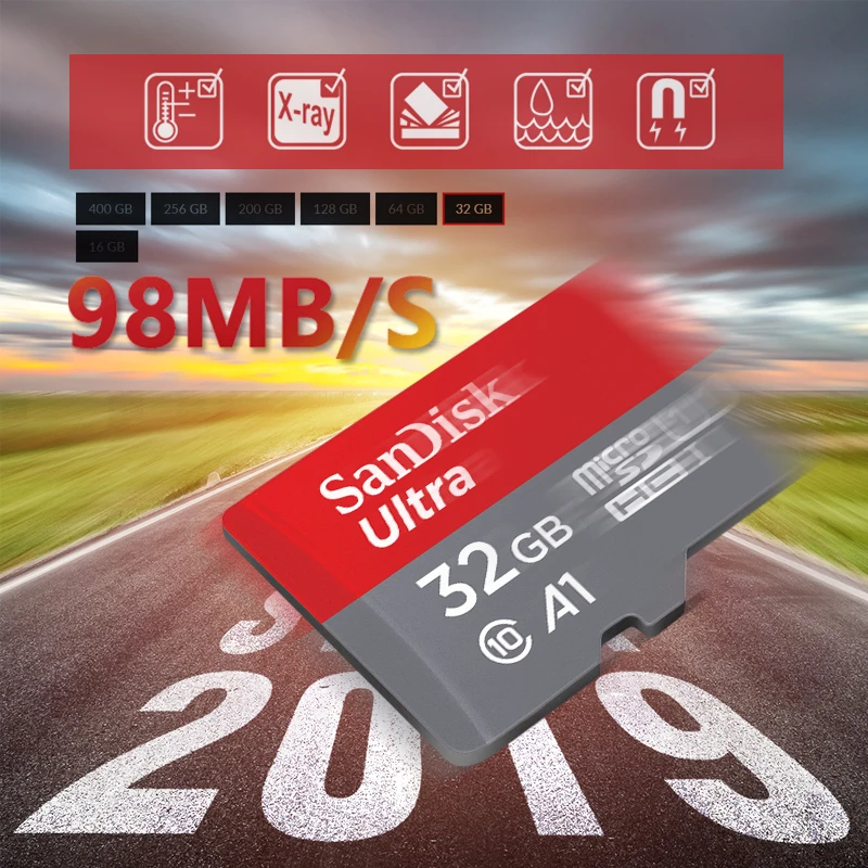 SanDisk, ультра Micro SD карта, 128 ГБ, 32 ГБ, 64 ГБ, 256 ГБ, 400 гб, TF карта, 16 ГБ, класс 10, Макс., 98 МБ/с., карта памяти для телефона, ПК