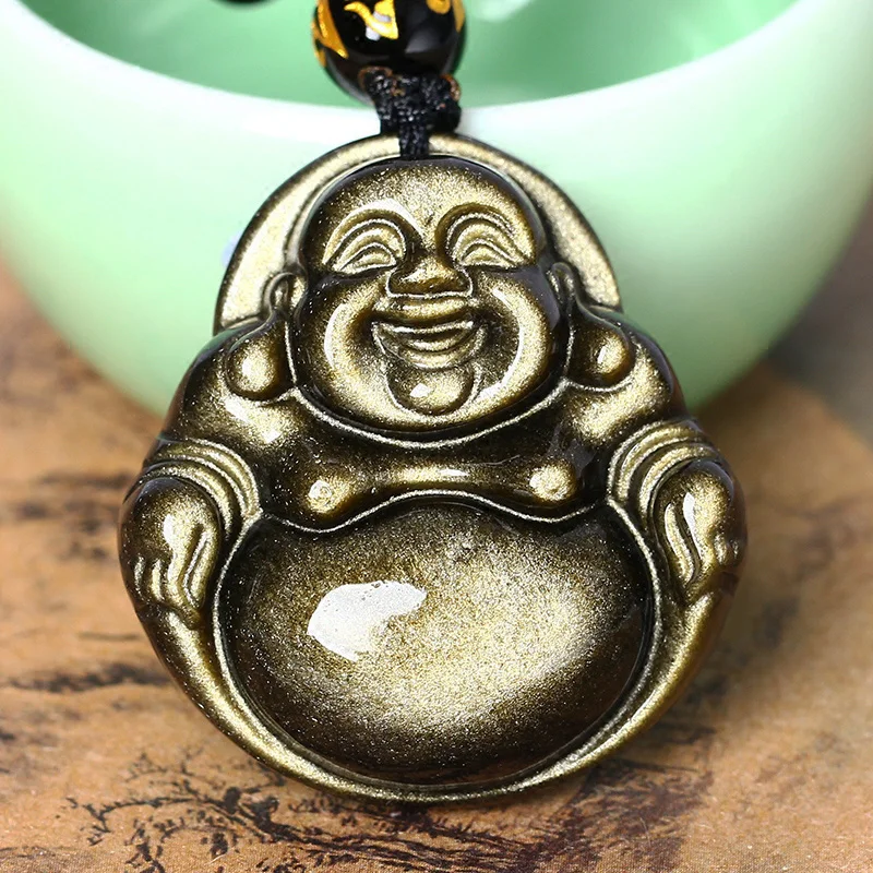 Natural Stone Men Pendant Obsidian Gold Big Belly Laughing Buddha Long Wholesale Pendant Jewelry Necklace For Women