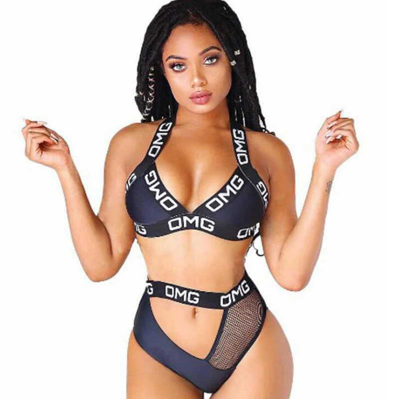 

2019 sexy bikini swimwear women set swimsuit Female Halter Off Shoulder bandage Letter Patchwork High Waist Biquini Thong Bikini