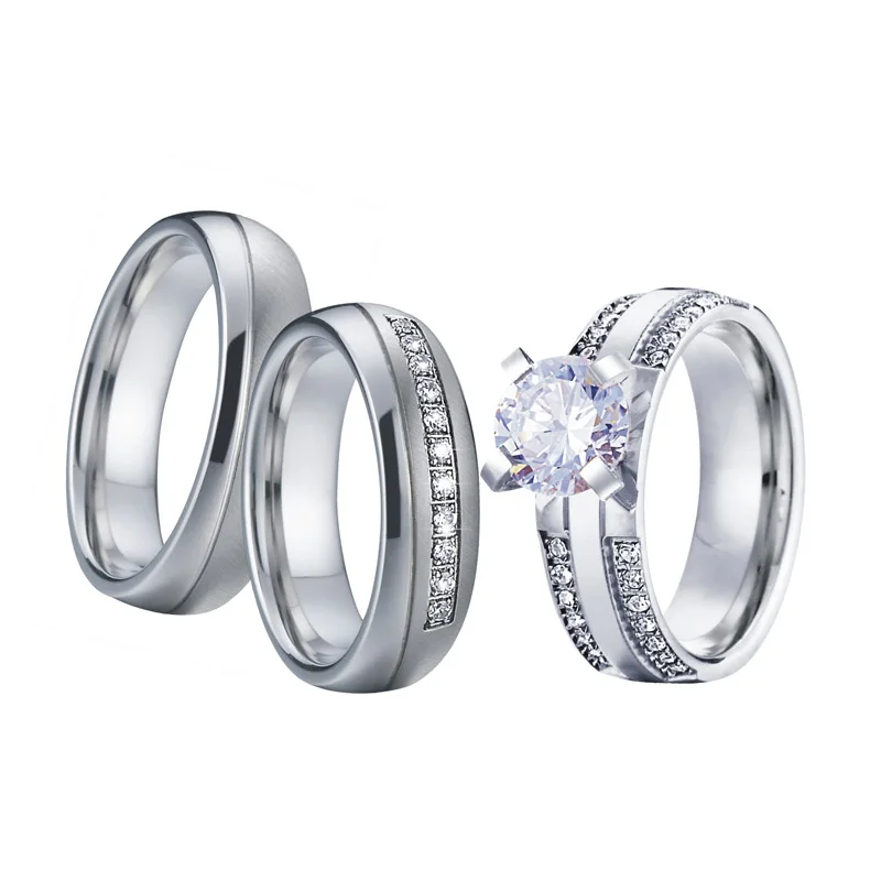 Never Fade Wedding Band Engagement Rings for Women Men 3 Bridal sets Rings Silver White Gold Color Promise Couple Ring (2)