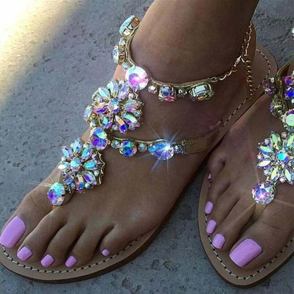 

Women Summer Shoes Beach Sandals Rhinestone metal chain Crystal Sandals Slip on Flip Flops Sandals lightweight 36 37 38 39 40 41