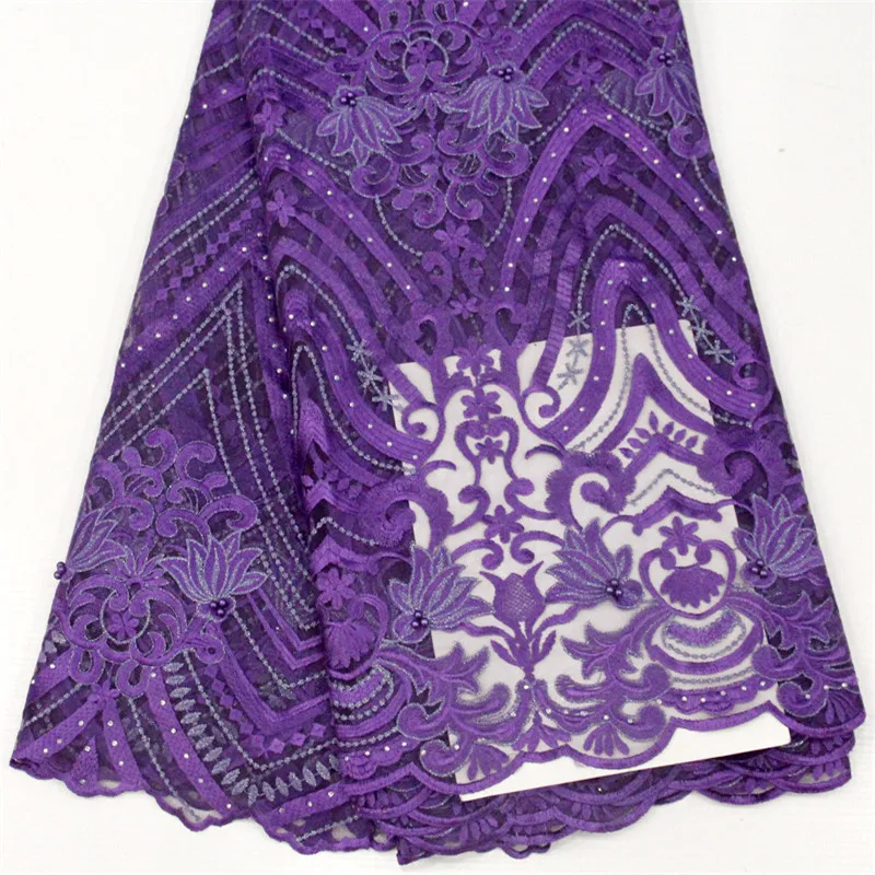 

Latest Embroidered Tulle Net Lace Purple African Lace 5 Yards High Quality Purple Nigerian Lace Fabrics with Beads A1447