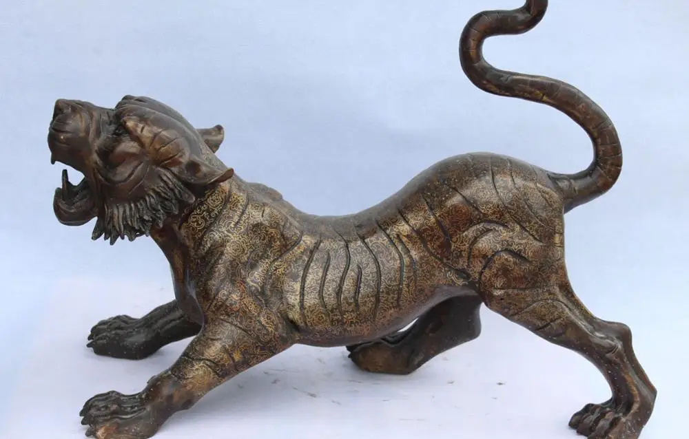 

26" Chinese Bronze Gilt Animal Ferocity Phylactery Tigre Tiger Lion Leo Statue