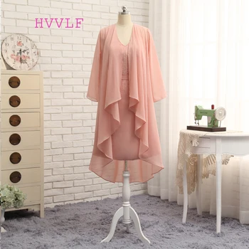 

Plus Size Coral Mother Of The Bride Dresses Sheath With Jacket Beaded Short Wedding Party Dress Mother Dress For Wedding