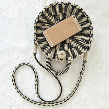 

ABDB Women Handmade Round Rattan Woven Shoulder Bag Tote Circle Bohemia Straw Knitted Bag Summer Beach Crossbody Bags(black)