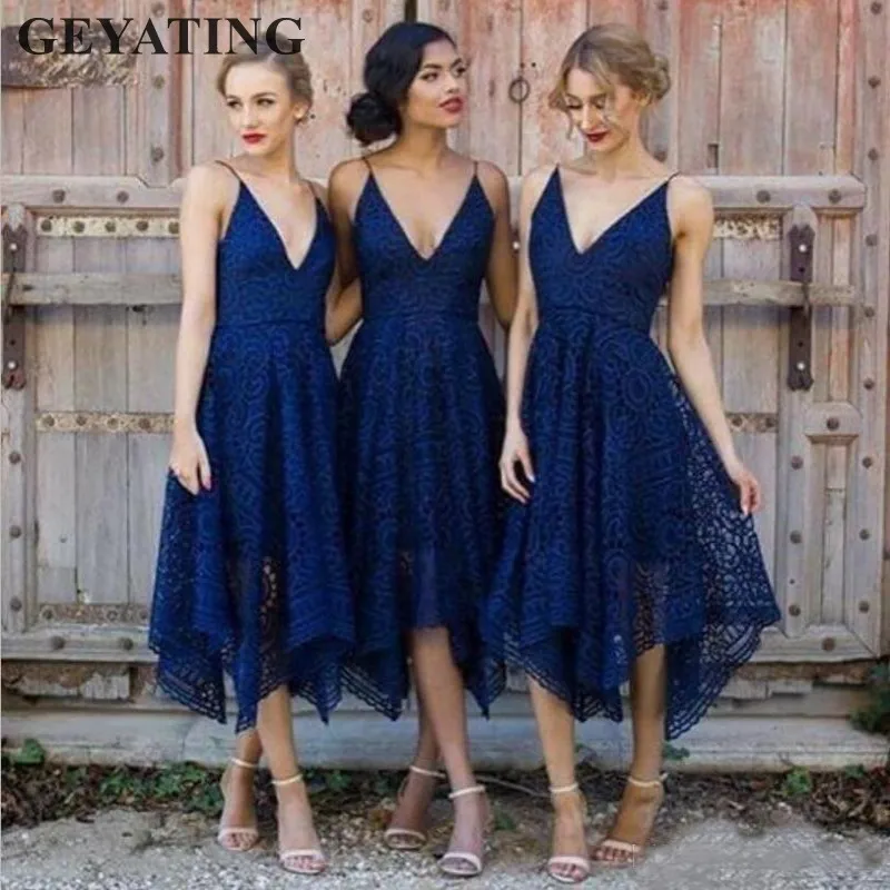 

Navy Blue Lace Short Bridesmaid Dresses with Straps V-neck Irregular Hem Tea Length Blush Pink Country Wedding Party Guest Dress
