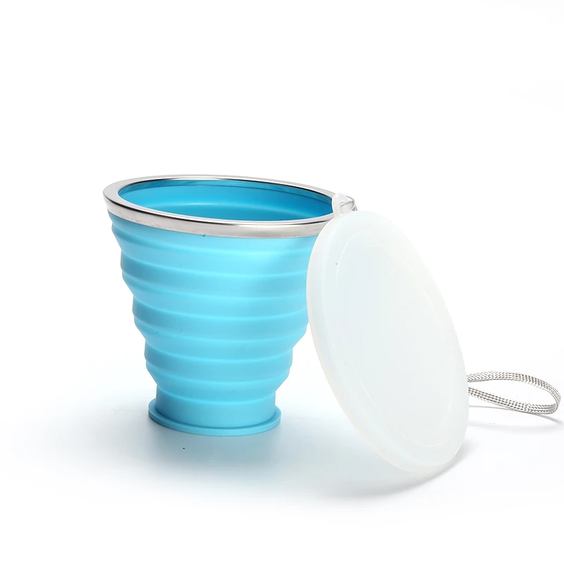 Новая портативная силиконовая Выдвижная складная чашка с крышкой, открытый телескопический складной стакан, походная чашка для воды - Цвет: Небесно-голубой